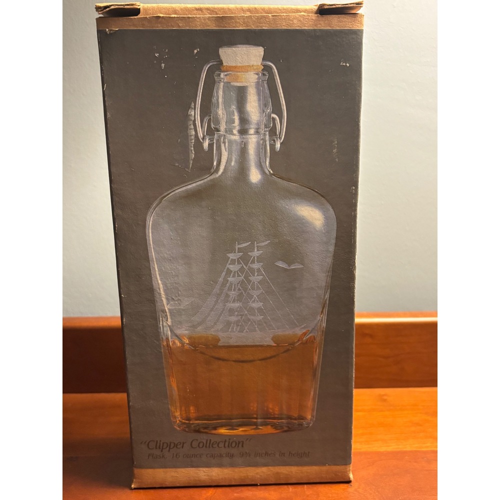 Javit Crystal Clipper Collection Etched Sailing Ship Flask Decanter 16oz Italy